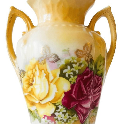 Vintage Art Nouveau Style Small Vase Yellow Pink Gold Flowers 1970s – vazen, Ceramic (photo 2 of 9)