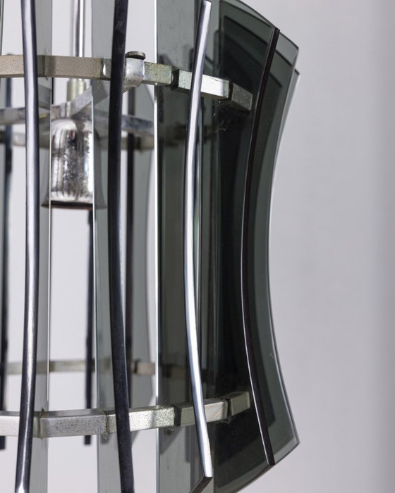 Image 1 of Vintage 1960s metal and smoked glass chandelier, designed by Veca