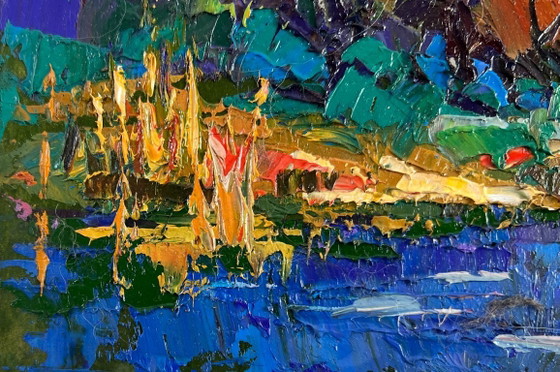 Image 1 of Original Oil Painting Summer Coastal Landscape In the evening by the river