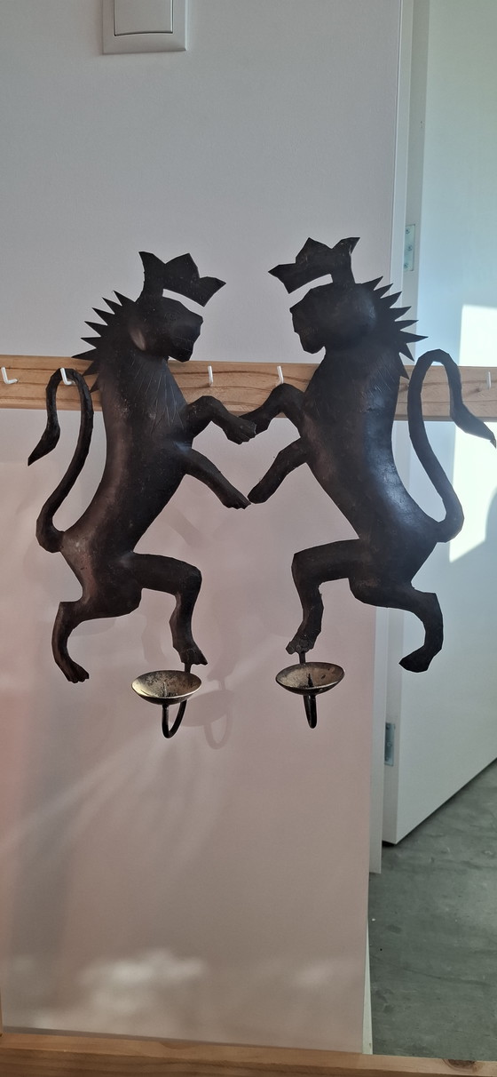 Image 1 of Set of 2 Rare Antique Wrought Iron Wall Sconces - Exclusive Antique Lions