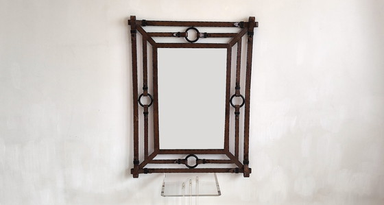 Image 1 of Iconic Large Mirror 1960's Design Jean-Pierre Ryckaert en Métal Façon Cuir Sellier à Surpiqures