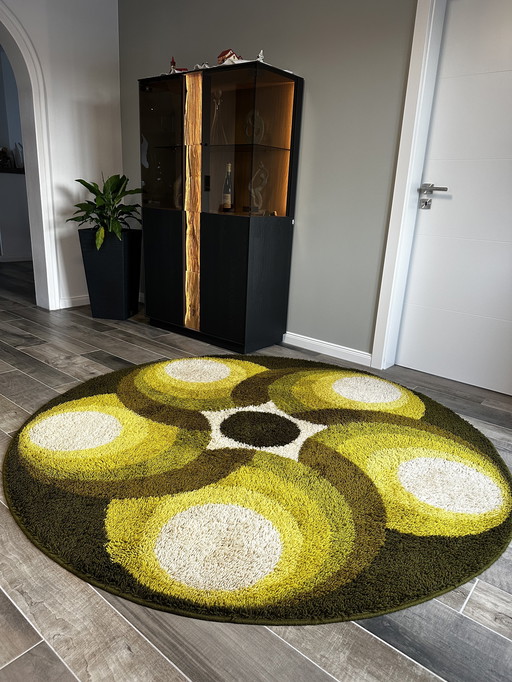 Original Prinstapijt-Teppich aus der 70er Jahre im Rya-Design mit warmen Grün- und Gelbtönen