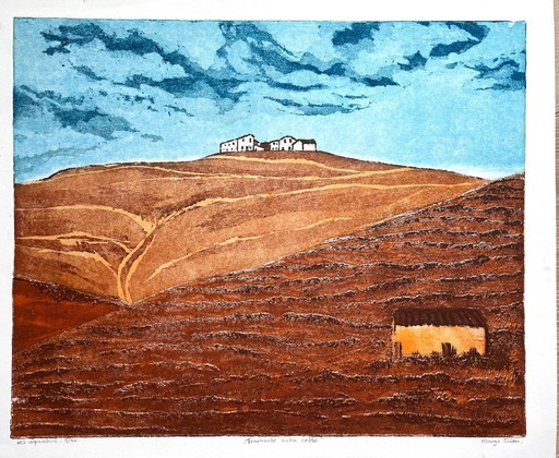 Tramontesulla creta. Acquaforte a colori di Margo Ellen. 