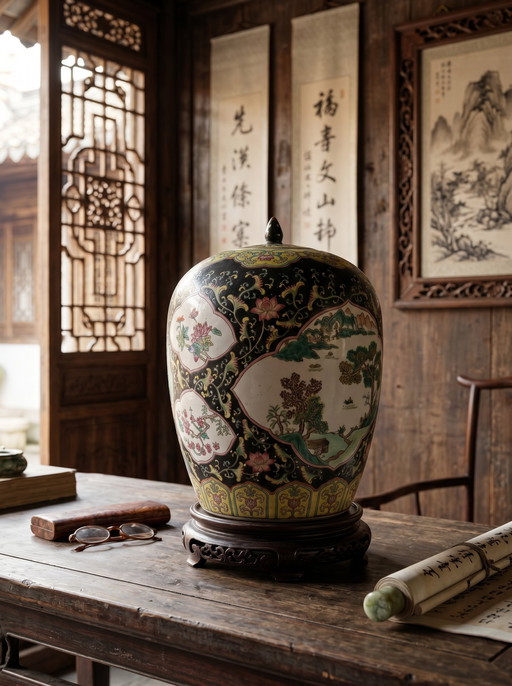 Grote Antieke Chinese gemberpot of vaas met Famille Noir Decor