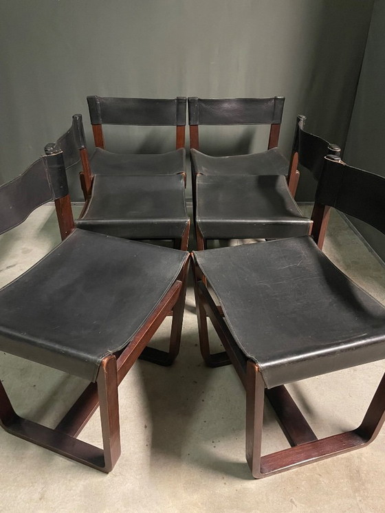 Image 1 of SET VON 6 GUNTHER HOFFSTEAD LEATHER, ROSEWOOD CHAIRS FOR UNIFLEX 1960's.