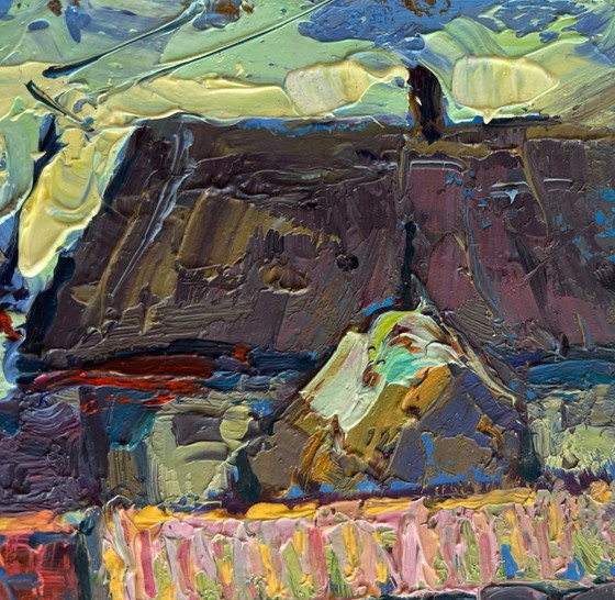 Image 1 of Original Oil Painting Winter Village Landscape Sunset behind the rooftops