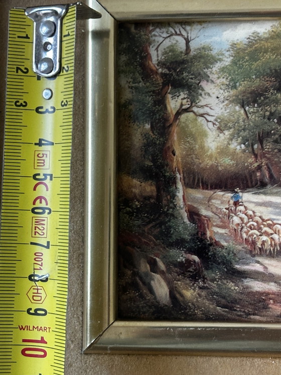 Enamel on Metal Signed ESTHER – Pastoral Landscape – Vintage Framed – Paintings & Drawings, Wood (photo 11 of 13)