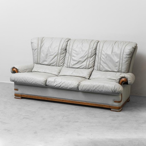 DIVANO 3 POSTI VINTAGE EN PELLE GRIGIO E LEGNO ANNI '50 MODERNARIATO