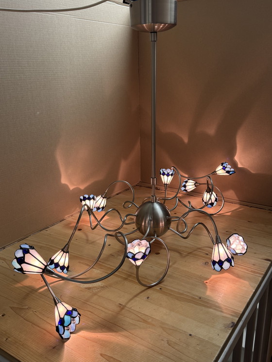 Image 1 of Lampada da soffitto di design a 12 luci con paralumi in vetro colorato | Altezza regolabile | Ottime condizioni