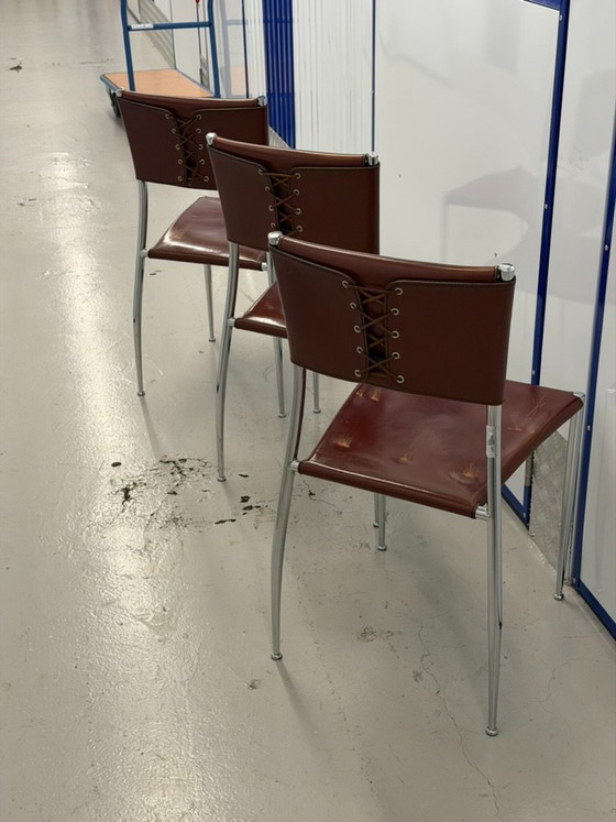 Set of 3 Vintage Fasem "Ginger" Cognac Leather & Chrome Dining Chairs, Italy 1980s – Eetkamerstoelen, Metal (photo 9 of 9)