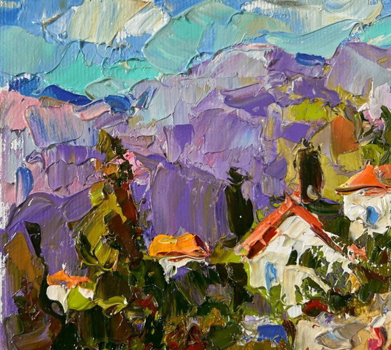 Image 1 of Original Oil Painting Summer Nature Landscape Village among the mountains