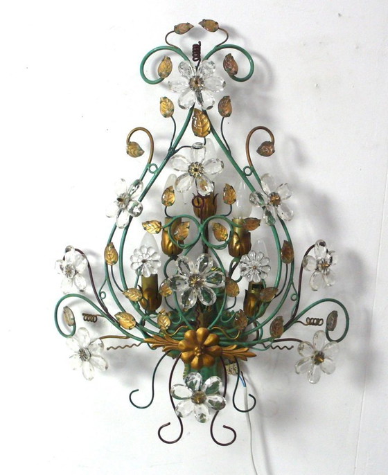 Image 1 of Lampada da parete in metallo verde con cristalli, 5 luci, anni '60, stile Kögl, Veralux Italia