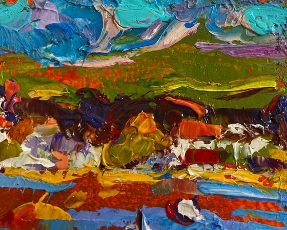 Image 1 of Original Oil Painting Winter Village Landscape Frosty day in the field