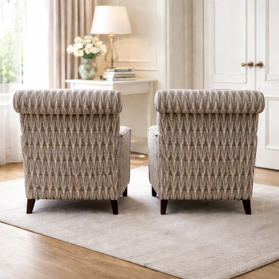 Image 1 of Pair of mid-century modern Nordic armchairs in solid wood with neutral textile upholstery, two items, dating from 1940–1950