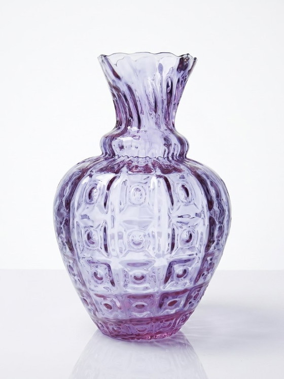 Image 1 of Empoli vase in Alexandrite glass, ranging from blue to pink, large textured model from the 1960s