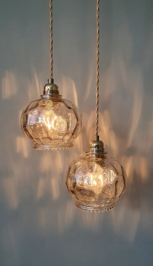 Set vintage di lampade a sospensione color ambra con vetro testurizzato – hanglampen, Metal