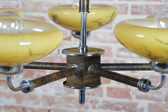 Gerestaureerde art-deco kroonluchter, chroom, beukenhout, walnoothout, glas, Tsjechisch, jaren 1920 – Metal (photo 6 of 12)