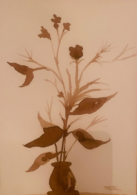 Image 1 of Set of 3 still life paintings with vases of dried flowers, Wabi Sabi style