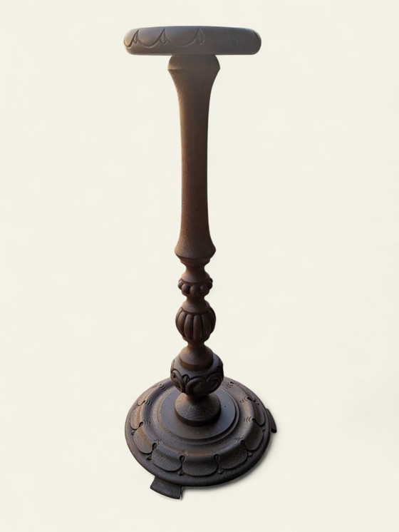 Image 1 of Rareté ! Jardinière vintage en bois foncé tourné à la main, style milieu du siècle/ferme, support pour plantes, jamais utilisé.