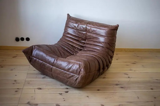 Togo fauteuil + voetenbank set in pull-up leer – walnootbruin | Michel Ducaroy | – Leather (photo 2 of 10)