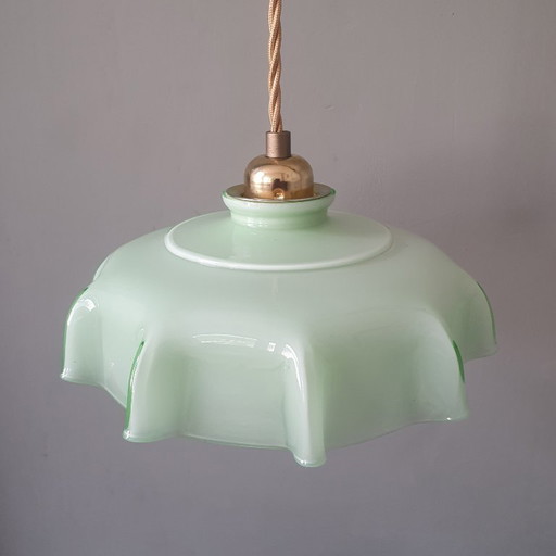 Vintage French Pendant Lamp - Pastel Green Opaline Glass. – hanglampen, Metal
