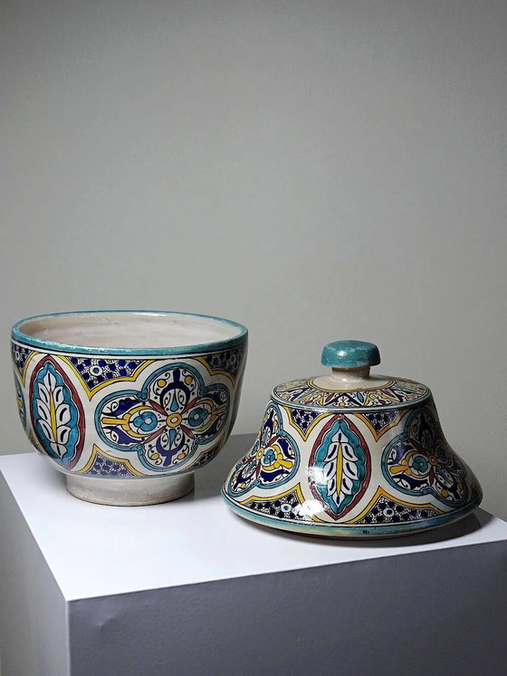 Large ancient jobana from Fes in polychrome faience, Morocco 20th century., Crockery, Porcelain, Brown (photo 7 of 17)