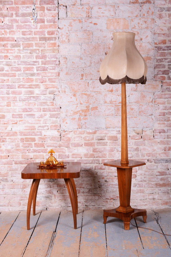 Lampada da terra Art Déco restaurata, noce, nuova elettrificazione, ceca, anni '20, Illuminazione, Tessile (foto 5 di 10)