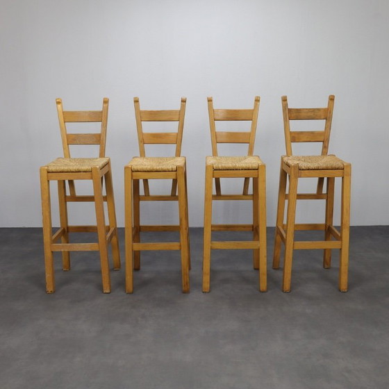 Image 1 of Set of 4 Bar Stools in Solid Oak and Rattan, 1970s