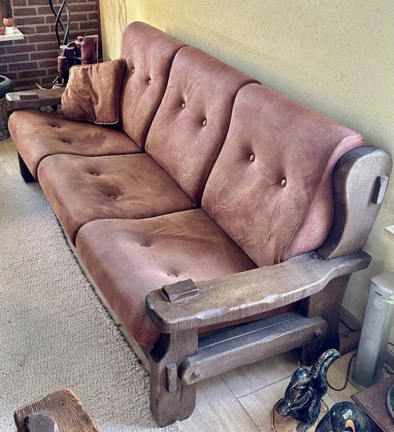 Rustieke houten zitgroep met bruine bekleding, Zithoek, Textiel, Rustic (foto 5 van 15)