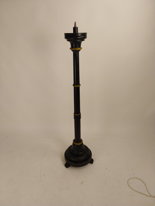 1 X Large Wooden Candlestick Black with Gold Accents 1970's