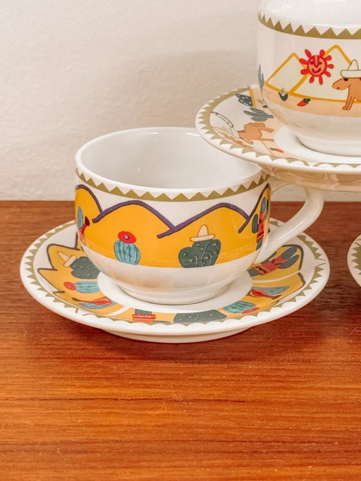 Vintage cups and saucers, Mexican style - set of 7