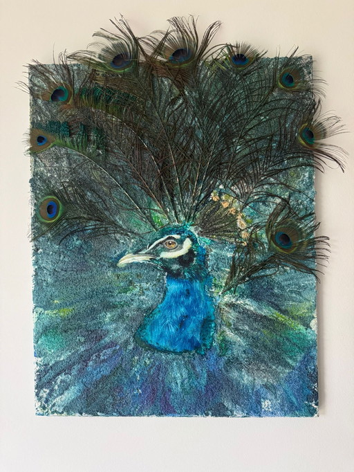 Paon sur toile, technique mixte