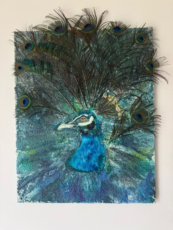 Image 1 of Paon sur toile, technique mixte