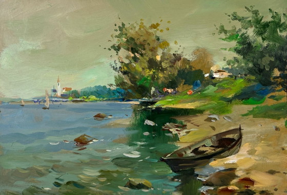 Image 1 of Original Oil Painting Summer Beach Landscape Boat near the shore