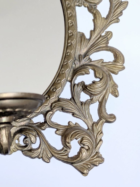 Image 1 of Vintage Brass Mirror Wall Sconce Candle Holder Rococo Scrollwork Hollywood Regency 1960s