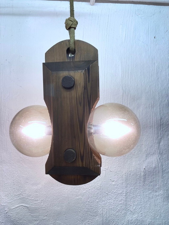 Image 1 of Pendant lamp by Temde, made of wood and glass, two-light, 70s brutalist style