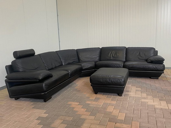 Image 1 of  Natuzzi Black Real Leather Corner Sofa + Hocker