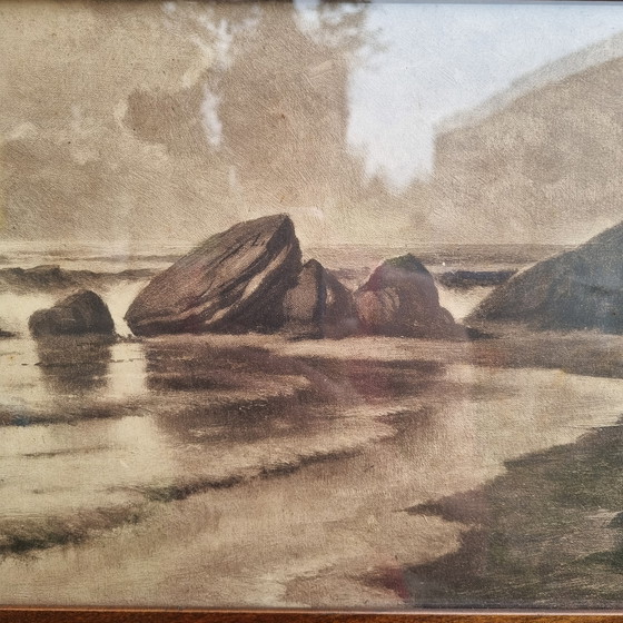 Image 1 of antiek 19e eeuw schilderij Charles J. Hagberg (American Illinois 19e/20e eeuw) sepia zeegezicht