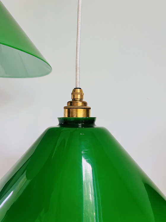 Image 1 of Set of 2 green vintage glass pendant lamps with new fixtures