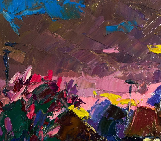 Image 1 of Original Oil Painting Evening Village Landscape The beam fades leaving the world