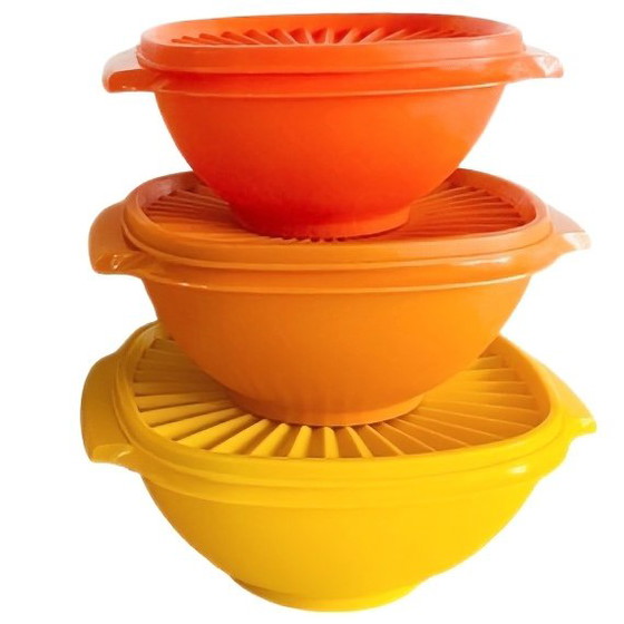 Image 1 of Vintage Tupperware vierkante kommen Servalier met Starburst deksel oogstkleuren 1970's