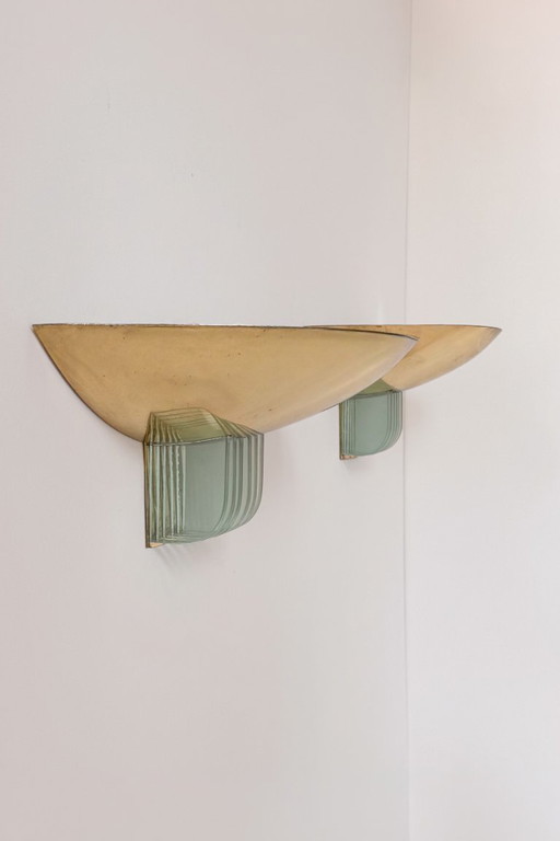Paar Vintage Wandleuchten aus Messing und Glas, Frankreich 1970
