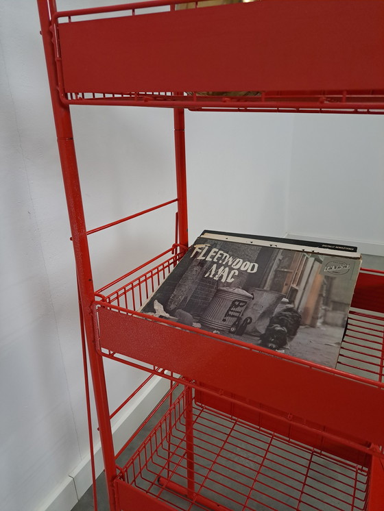 Image 1 of Red Metal Shop Display Case Shop Rack With Baskets Vintage