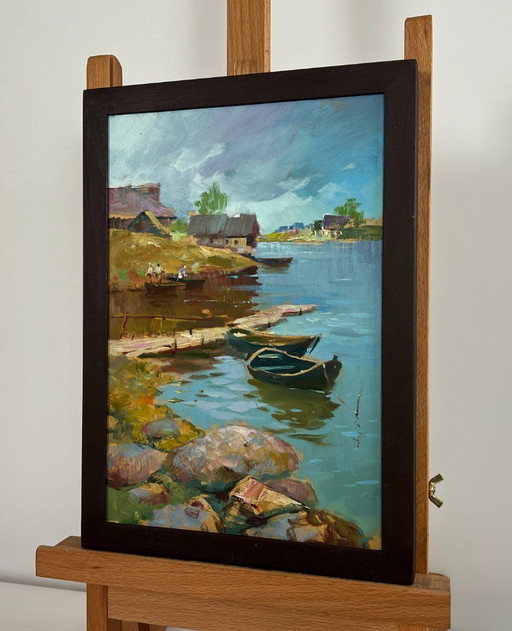 Original Oil Painting Coastal Village Landscape Quiet village harbour