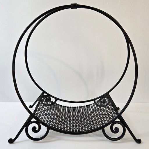 Vintage houtblokhouder uit de jaren 50, metaal en geperforeerd zwart metaal, rockabillystijl uit de jaren 50