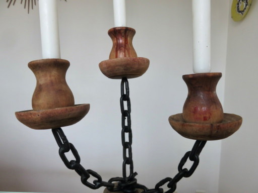 Brutalist candlestick, metal and wood, 1920s