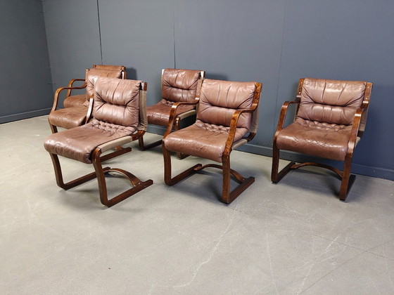 Image 1 of Vintage Asko Pajamies Finland leren multiplex stoelen, set van 6 - jaren 70