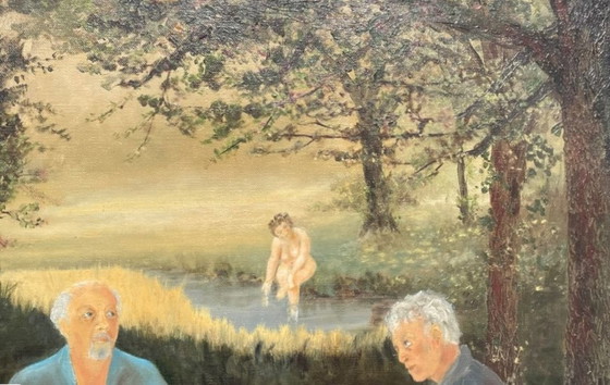 Image 1 of Dipinto di Camille Delahaut, 'Il pic-nic' Vintage