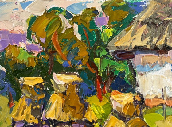 Image 1 of Original Oil Painting Colorful Village Landscape Quiet summer morning