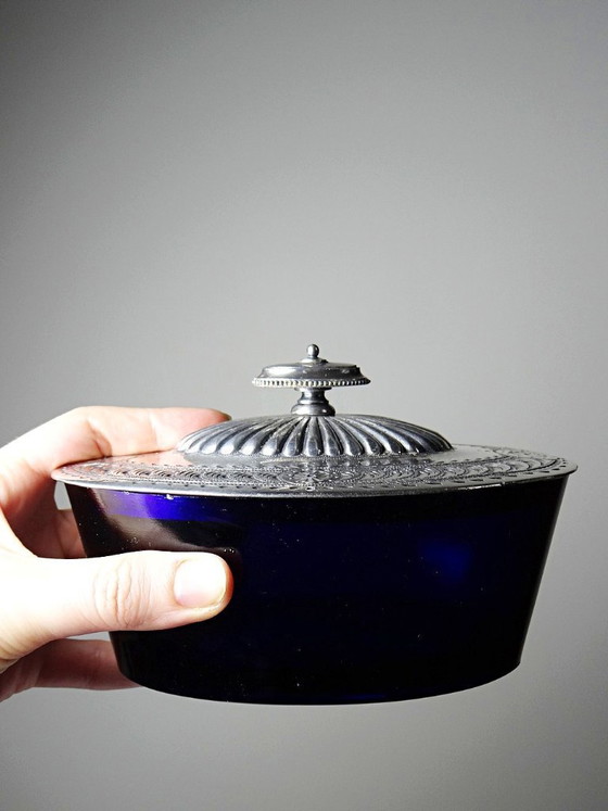 Image 1 of Victorian bonbonnière, attributed to George T. & Co., cobalt glass and silver-plated metal, 19th century